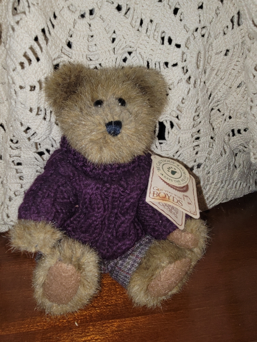 Boyds Bears Matthew 2000s Brown Teddy in Purple Knit Sweater